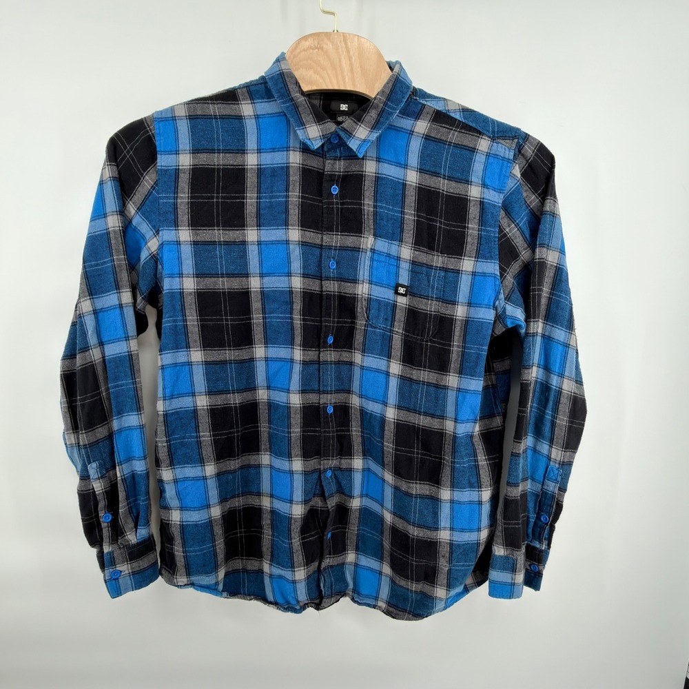 DC Shoes Flannel Shirt Mens Large Blue Black Grey Plaid Cotton Long Sleeve